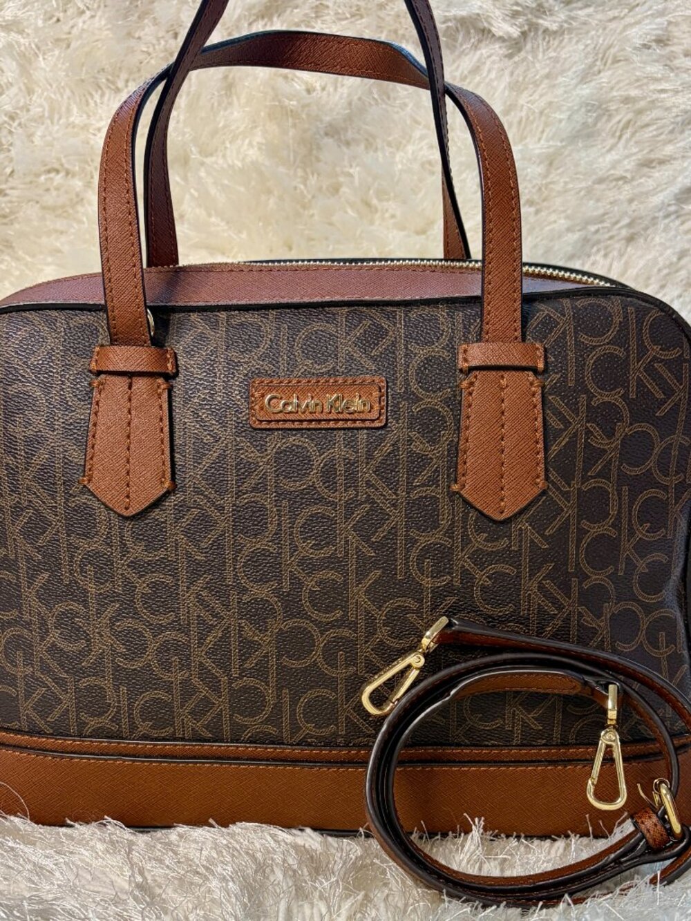 Calvin Klein Brown/Natural Satchel with Strap (New)